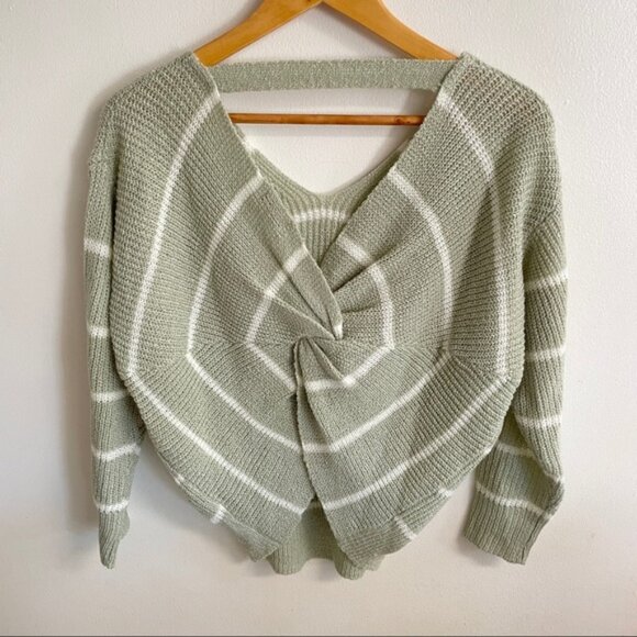 Sage Green Striped Twist Open Back Knit Sweater - Picture 1 of 3